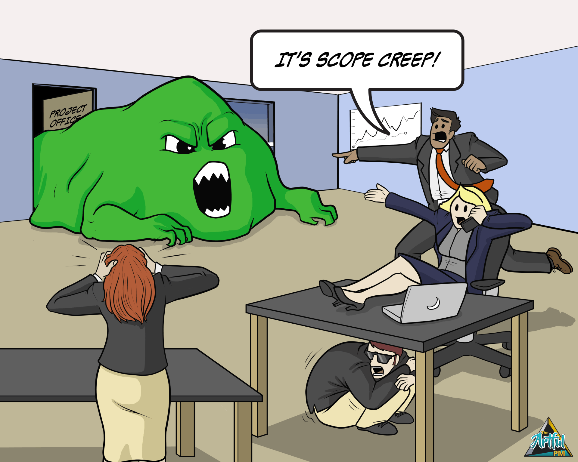 A cartoon of people in an office with a monster.