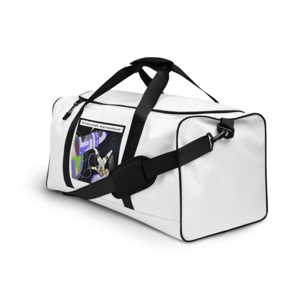 A white duffel bag with black trim and a picture of a cat.