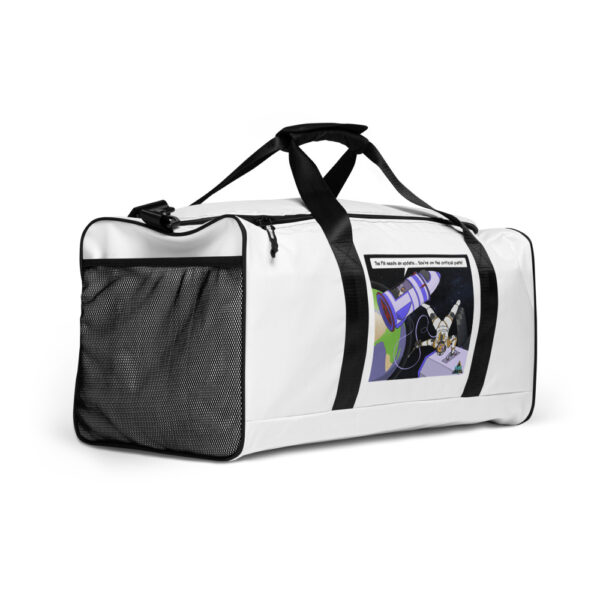 A duffel bag with a picture of flowers on it.