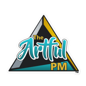 A triangle shaped sticker with the words " artful pm ".