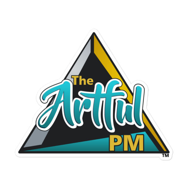 A triangle shaped sticker with the words " artful pm ".