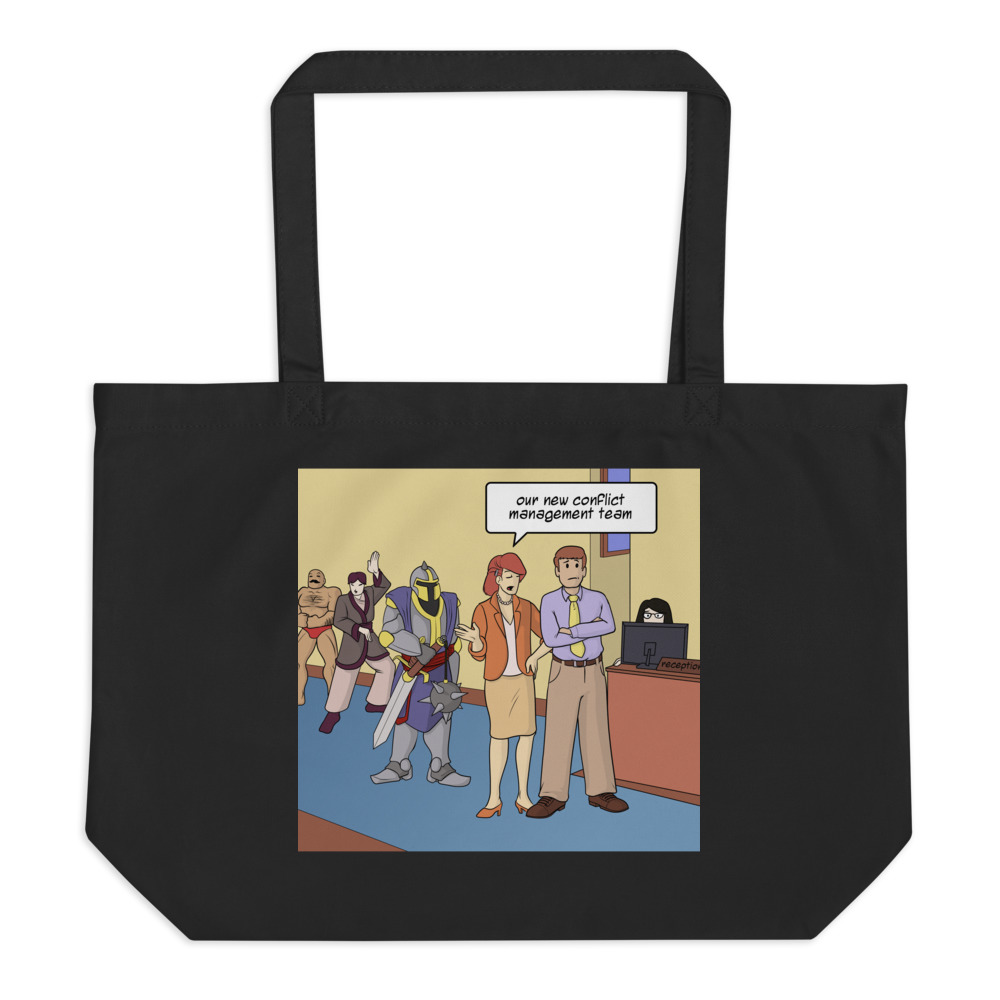 A large black bag with an image of people standing in line.