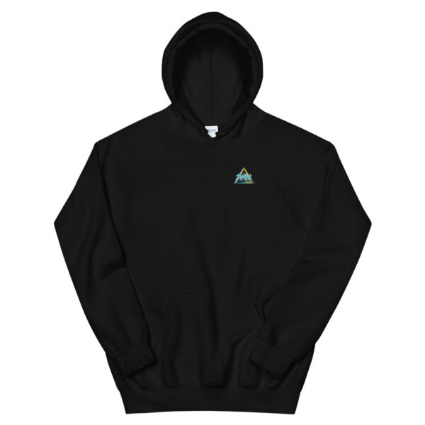 A black hoodie with a triangle on the front.