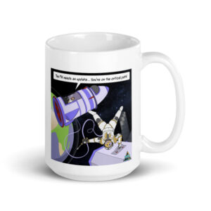 A white coffee mug with an image of a person in space.